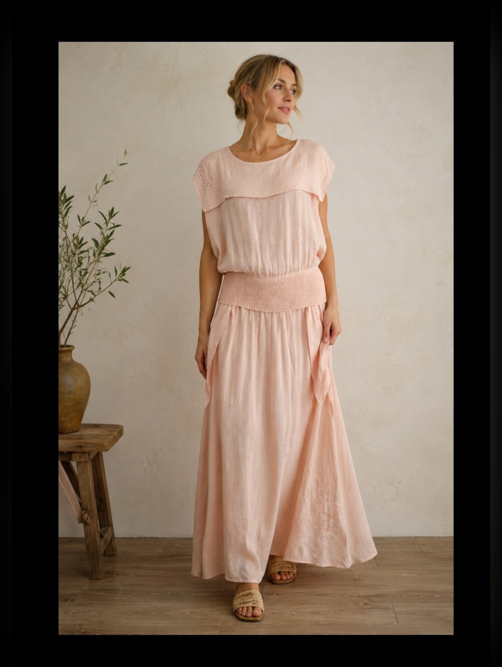 Cottagecore Prairie Blush Pink 100% Linen Maxi Dress Flowy Vintage Norma Walters